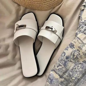 selling womens slippers peeping toes flat shoes metal decorations designers womens mules brand runway sliders womens sandals MUJI products in 2024 240425