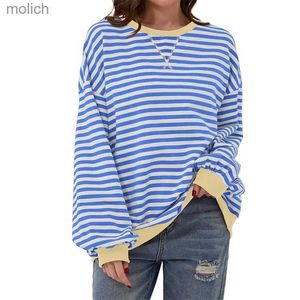 Women's T-Shirt 2024 Spring and Autumn Womens Striped T-shirt Long sleeved O-neck Flower Top Harajuku Street Clothing Womens Casual Extra Large T-shirtWX