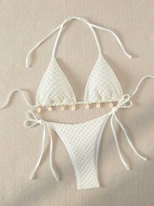 Kvinnors badkläder sexig bikini set vit skal designer baddräkt 2024 ny grimma push up mikro bikinis sommar baddräkt slips sida thong badkläder y240429