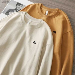 Men's T-Shirts Dukeen 340gsm Heavy duty Embroidered Sweatshirt Mens Plain Long sleeved T-shirt Round Neck Loose Trend Solid Color TopL2405