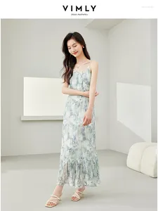 Casual klänningar Vimly Chiffon Floral Long Dress for Woman 2024 Spring Summer Semester sundress Elastic midje Spaghetti Strap Maxi M6188