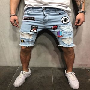 Smala jeans shorts män märke rippade sommar capri herr mode cyklist casual elasticitet nödställd hål knä längd blå denim kort jean 232q