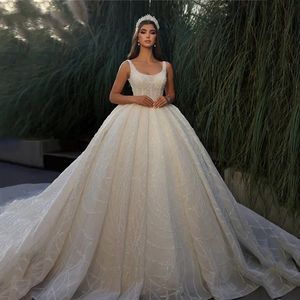 Saudi Arabia Puffy Wedding Dress 2024 Shiny Scoop Straps Beads Sequin Glitter Tulle Bridal Gowns Vestido de Novia Customed