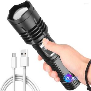 Ładowanie latarki na zewnątrz mocne taktyczne latarki pochodnie w 18650 LED baterii 1 000 000 lm XHP100 USB ładowne pochodnie zoombowane latarki latarnia 4bzw