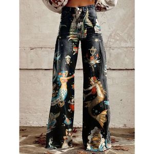 2024 Cross-border Hot Selling Hot-selling Printed Imitation Jeans New Casual Versatile High-waisted Wide-leg Pants Loose