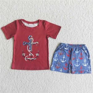 Kläder sätter sommarröda toppar Floral Fish Hook Printed Blue Shorts Factory Baby Boys Kids Boutique Suits