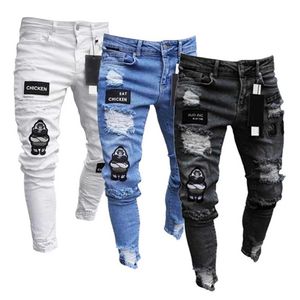 Men's Jeans White embroidered tight fitting open front jeans mens cotton elastic hole ultra-thin suitable for hip-hop denim pants mens jogging athlete J240429