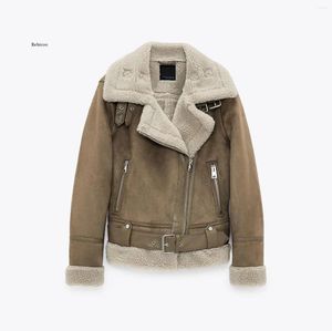 Frauenjacken tragen dick war warm warmer Winter Retro Wildleder Lämmer Wolle Motorrad Jacke Gürtel Freizeit lose künstliche Leder