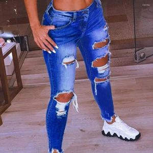 Kvinnors jeans blyertsbyxor Kvinnor byxa nära passande mjuka chic rippade hålfickor