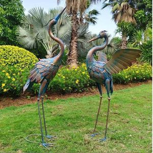 プランターポット2個/バッグガーデンメタルクレーン彫像装飾中庭芝生の鳥のアート屋外スタンディングアイアンアグレット彫刻83/94cm Q240429