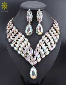 Indiska smyckesuppsättningar AB Color Crystal Bridal smyckesuppsättningar Rhinestone Party Bröllopsdräkt halsbandörhängen uppsättningar för brudar4362847