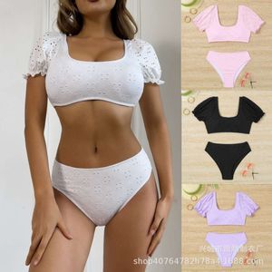 Swimwear femminile 2024 Nuovo costume da bagno diviso femmina in vita alta manica corta da bagno a maniche corte