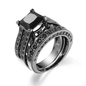 Women Rings Big Black Blue Stone Fashion Wedding Ring Set Engagement Promise Bague Femme Europe Fashion Twoinone Rings80891299283326