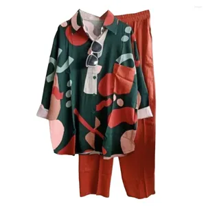 Women's Two Piece Pants Casual Commuting Style Suit Colorful Print Shirt Set With Long Sleeve Blouse Wide Leg Trousers For Ladies