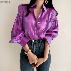 Women's Blouses Shirts Gradient Color Shirts Womens 2022 Fashion Bright Color Shirt Womens Elegant Flip Collar Button Blusa Casual Puff Sleeve TopL2405