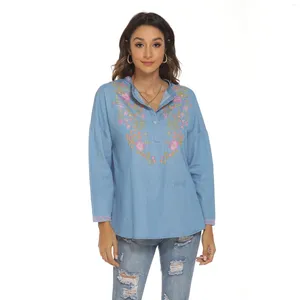 Blouses feminina Eaeovni verão boho bordado camisas mexicanas de manga longa tops casuais camponês de jeans