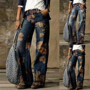 Calça jeans feminina Long Women Retro Troushers Leg Wide Leg Loo Cantura alta Plus Tamanho Vintage Denim Floral Print