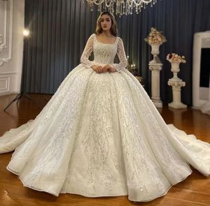 Glitter Wedding Dress 2024 Princess Ball Gown Square Neck Puff Long Sleeeves Sequins Lace Pearls Dubai Bridal Gowns Robe De Mariee