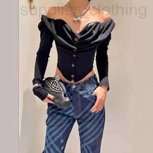 Women's T-Shirt designer Empress Dowager Xi Pingti~Saturn Embroidered One Shoulder Fishbone Chest Pleated Waist Knitted Shirt Spicy Girl Short Top HT3N