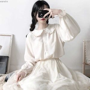 Women's Blouses Shirts Japanese cute Harajuku white shirt pleated top shirt long sleeved sweet lolita basic button up shirt 100% pure cottonL2405