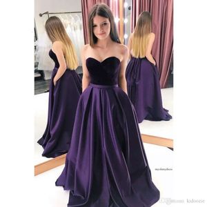Elegancki fioletowy długi z kieszeniami kochanie Veet Top Satynowy spódnica Prom Formalne suknie wieczorowe sukienki imprezowe 0430