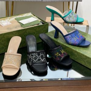 Nyhets tofflor Designers Sandaler Fashion Gaze Rhinestone Checkered Sandal For Womens 7,5 cm High Heeled Women Designer Shoe Factory Factwear Top Quality Slipper