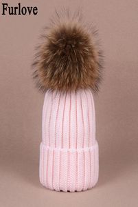 Furlove gerçek rakun kürk kadın kış şapka orijinal kürk pompom kadınlar örme bobble kayak şapka kapağı kadın için kış şapkaları 1934493