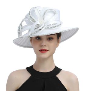 Wide Brim Hats Bucket Hats Deluxe New White Church Hat Party Banquet Satin Cloth Photography Hats Premium Chains Formal Hat Flower Top Cap For Women Ladies Y240426