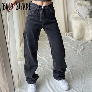 Women's Jeans Bold Shade Streetwear Fashion Grunge High Waist Straight Boy Friend Pants Solid Teen Style Women Loose Fall Winter