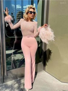 Women's Two Piece Pants Long Sleeve Top Flared Trousers Sequined Faux Pearl Jumpsuit Sets 2024 Spring Women Elegant Causal Feather-paneled