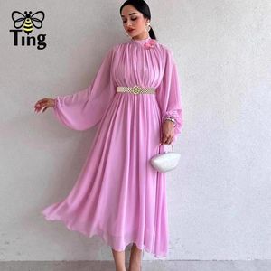 Abiti casual Tingfly Donne Summer Fashion decorazioni floreali Chiffon abito fluido a colore solido Lady Boho Lantern Sleeve Long with Belt