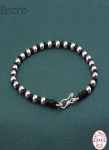 Handgefertigte 925 Sterling Silber Farbe Perlen Schwarze Seilarmbänder Kabelschnur String geflochten