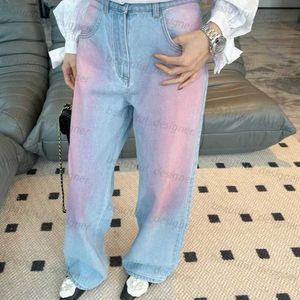 Designer women's jeans 24 Spring/Summer Wash Blue Gradient Powder Spray Blue Ink Straight denim pants for women