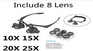 Magnifying Glass 10X 15X 20X 25X Eye Jewelry Watch Repair Magnifier Glasses With 2 LED Lights and 8 Lens New Loupe Microscope2601110