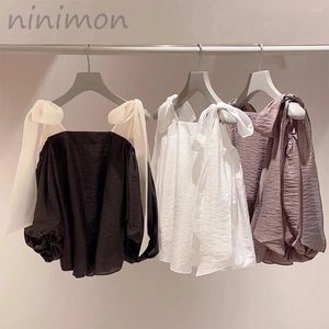 Women's Blouses NINIMON Elegant Off-the-shoulder Shirt Women Summer Vintage Lantern Sleeve Bowknot One-neck Top Loose Chiffon Blouse