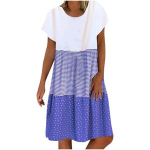 Kvinnors tryckt sömnadsklänning Kontrast Färg Rund nacke Kort ärm Lång kjol Multimorlek