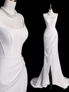 Elegant Mermaid Wedding Dress 2024 Square Neck Straps Soft Satin Bridal Gowns Pleat Back Zipper Slit Sweep Train Vestidos De Novias