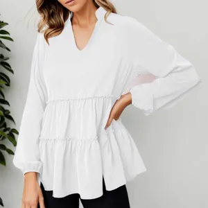 Women's Blouses Womens Solid Color Elegant V Neck Long Sleeved Ruffled Hem Blouse Tunic Pullover Top Female Clothing Autumn Chiffon