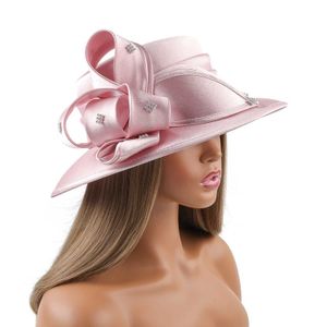 Wide Brim Hats Bucket Hats HotSale Pink Cocktail Satin Cloth Hat Elegant Photography Hats Chain Fashion Formal Hat Masquerade Flower Wedding Top Hat Female Y240426