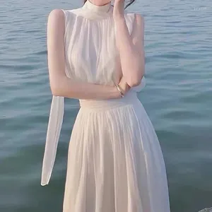 Casual Dresses 2024 Summer Elegant White Dress Women Slim Pure Color One Piece Koraen Fairy Beach ärmlös