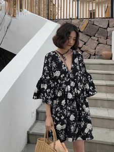 Casual Dresses Elegant Women's Summer Office Lady Print Butterfly Sleeve V Neck Short Skirt Women Fashion Loose Mini Dress