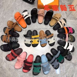 designer sandal platform slides H Tuo Er Uncle Slippers Female Summer Outwear Leather Flat Bottom Colored Beach Slippers chlooe