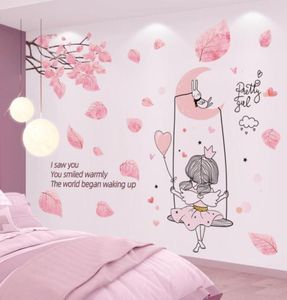 Adesivi a parete Cartoon Girl Moon Swing Tree Foglie per alberi Murale Decalli per bambini Cucina per bambini Cucina da letto per bambini Decorazione per la casa 6482646