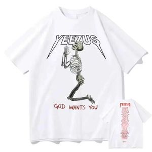 Men's T-Shirts 2024 Summer God Wants You Double Sided Print Tshirt Hip-Hop Skull Graphic Short Slve Oversized Men Woman Clothes Y240429