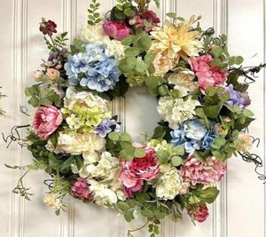 Dekorativa blommor kransar främre dörr dekor krans regnbåge hortensia för fönster hem dekoration konstgjord rosblomma 16inch2352982