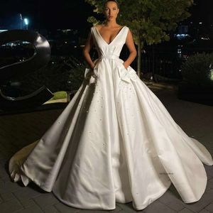 Cheap Simple New Elegant A-Line Dresses Deep V-Neck Pearls Sweep Train Satin Backless Bows Pockets Bridal Gowns Wedding Dress 0430