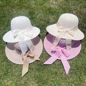 Chapéus de balde largura chapéus de balde de moda larga largura sol chapéu de sol garotas tecidas str cs fbon arco chapéu de praia protetora solar feminino viagens de verão cs j240429