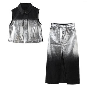 Arbeitskleider Metallfolie Denim Vest Casual Spit Rock Frauenmodentrend Spring- und Herbst -Set.Streetstyle -Kleidung