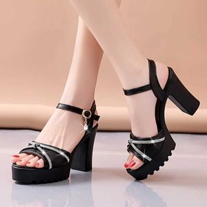 Dress Shoes New Fashion Crystal Thick High Heel Sandals for Women 2023 Summer Open Toe Ankle Strap Platform Woman Black White H240430
