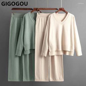 Women's Two Piece Pants GIGOGOU Split Up Women Knitted Sweater Tracksuits V Neck Solid Woman Sweaters High Elastic Wide Leg Suits 2/Two